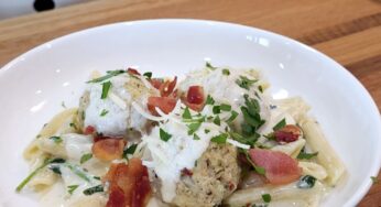 Chicken Ricotta Meatballs with Bacon Alfredo Sauce